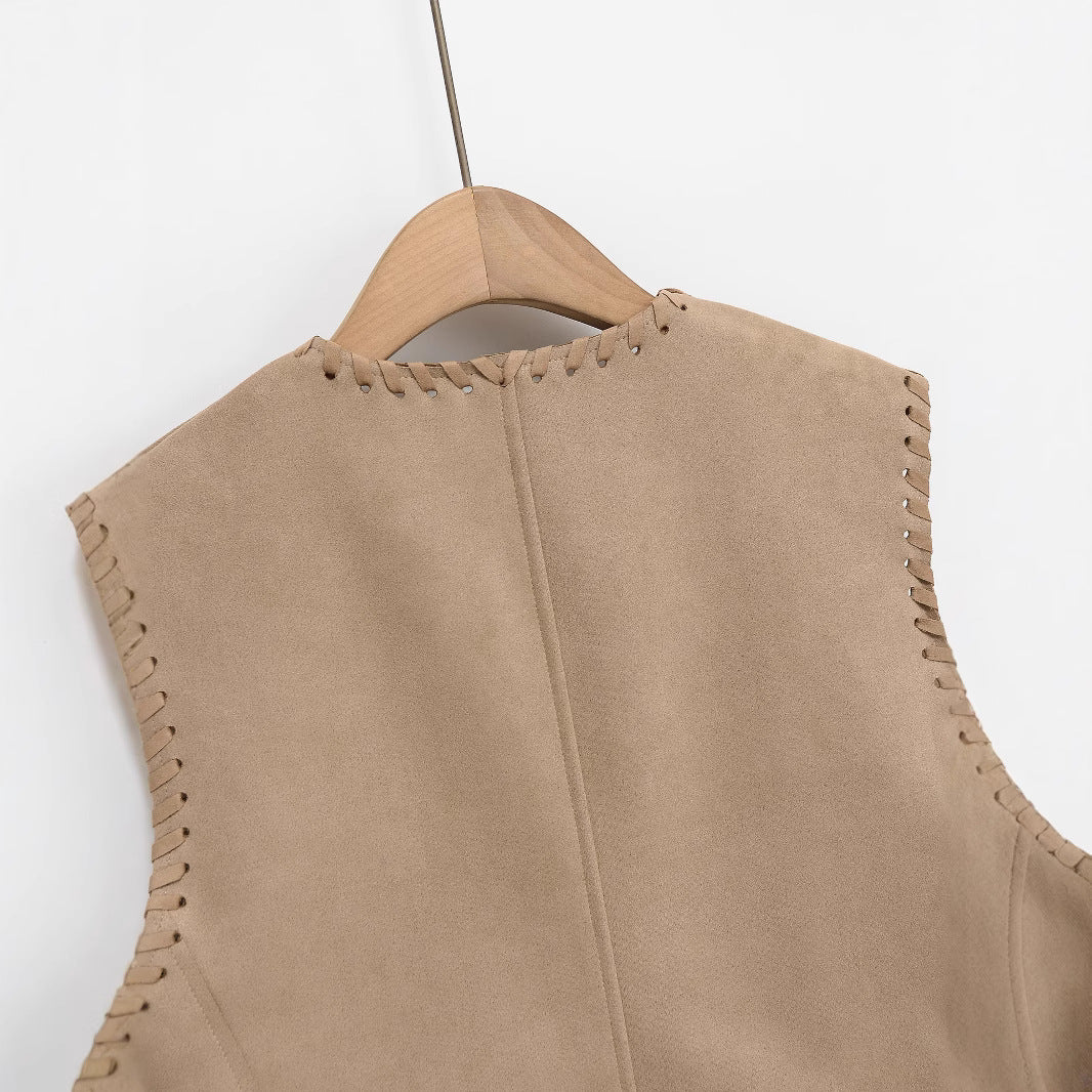Women's Short Suede-Look Vest with Decorative Whipstitch and Tailored Darts Mune Fashion