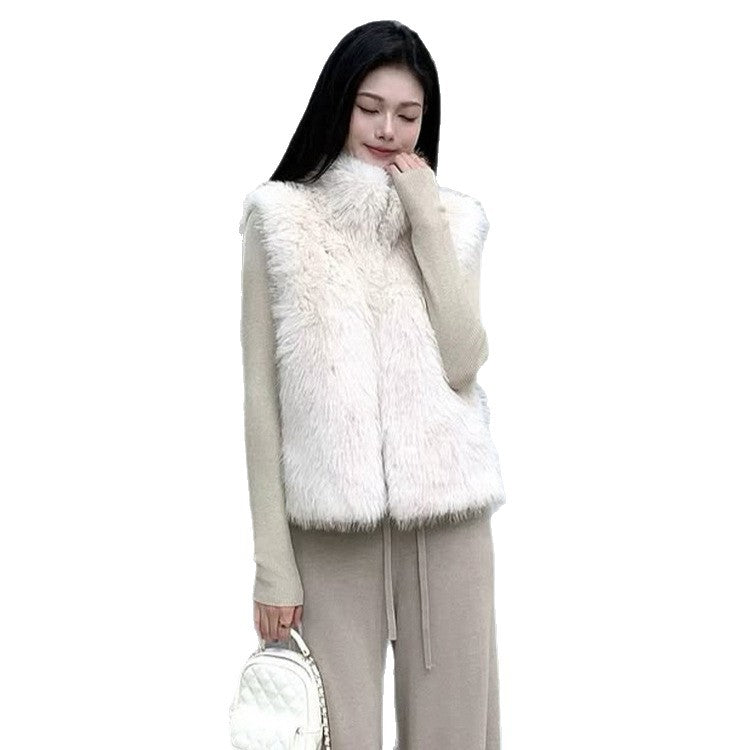 Women's Sleeveless Faux Fur Vest with Stand-Up Collar and Full-Zip Mune Fashion