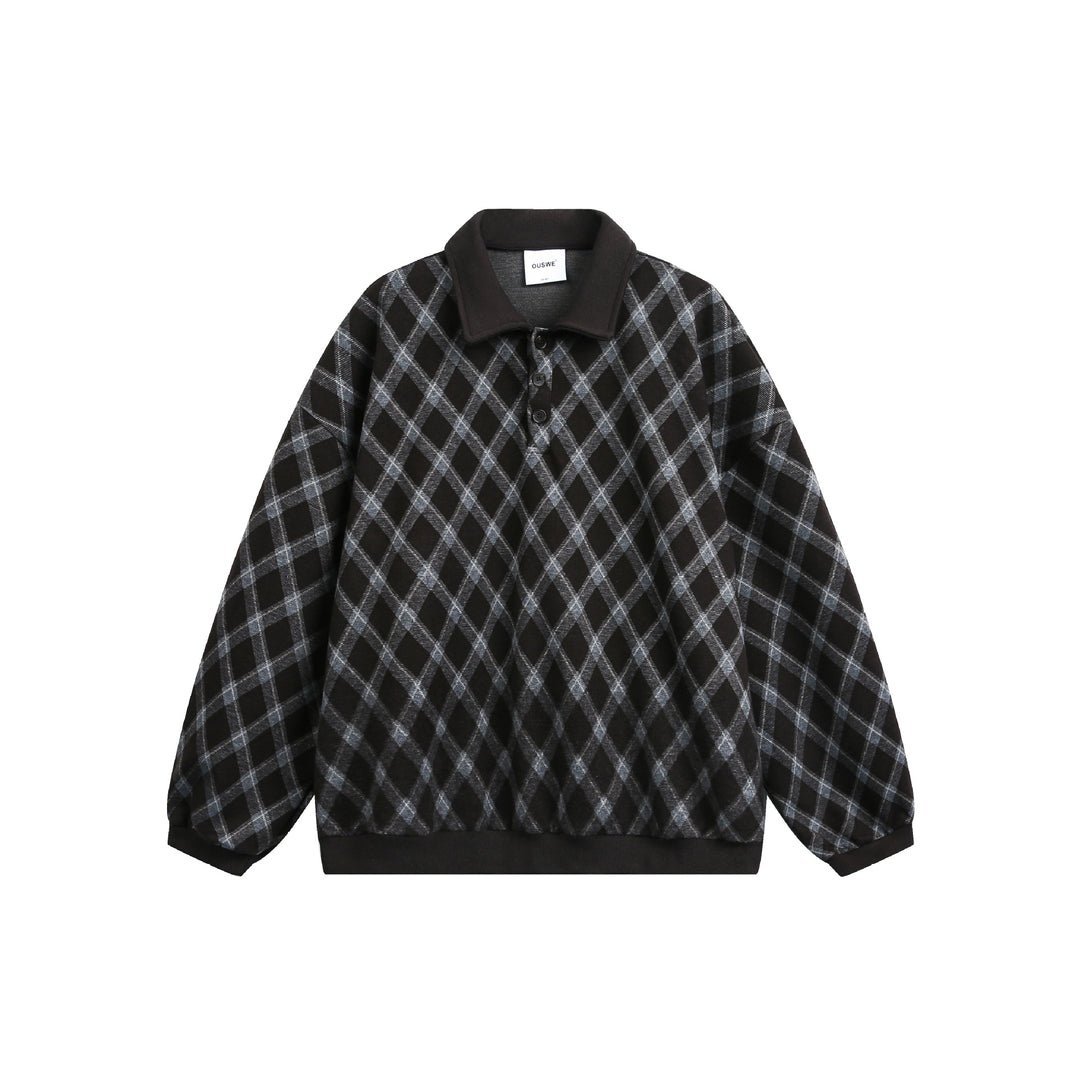 Women Checked Oversize Polo Sweater with Half Button Placket and Ribbed Cuffs Mune Fashion