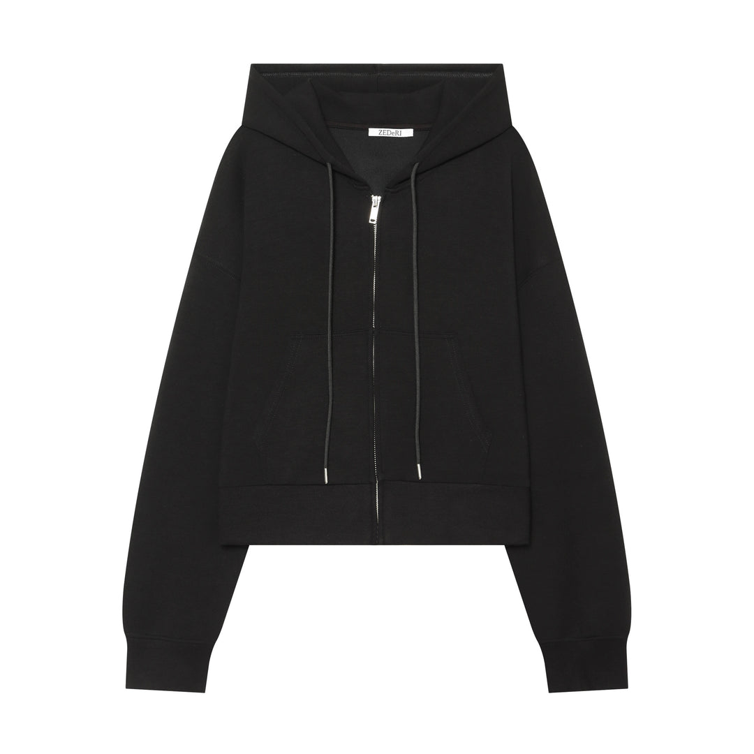Women's Cropped Sweat Jacket with Metal Zip, Kangaroo Pocket and Oversized Hood Mune Fashion