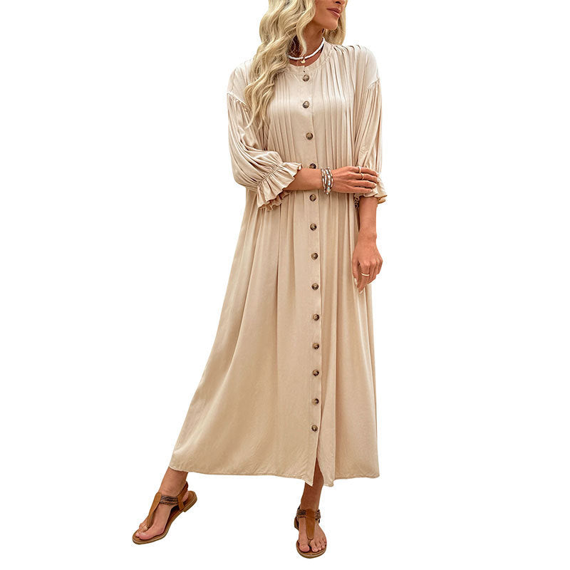 Women Elegant Maxi Dress with Button Details and Gatherings Mune Fashion