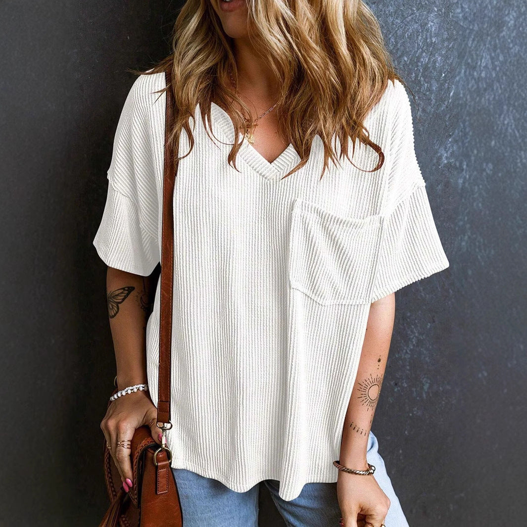 Women's Casual Ribbed Oversized T-Shirt with V-Neck and Breast Pocket Mune Fashion