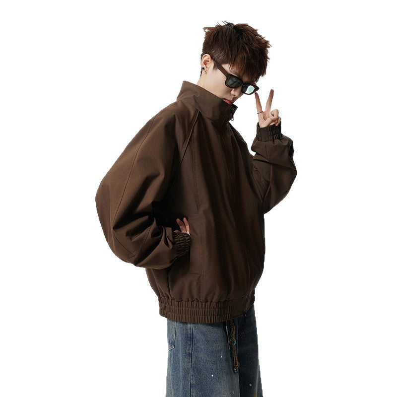 Unisex Oversized Windbreaker with Stand-up Collar and Raglan Sleeves Mune Fashion