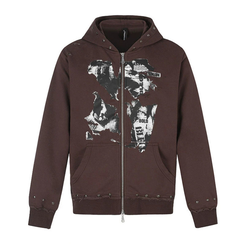 Women's hooded sweatshirt jacket with two-way zipper, frayed hem, stud detailing, and collage print Mune Fashion