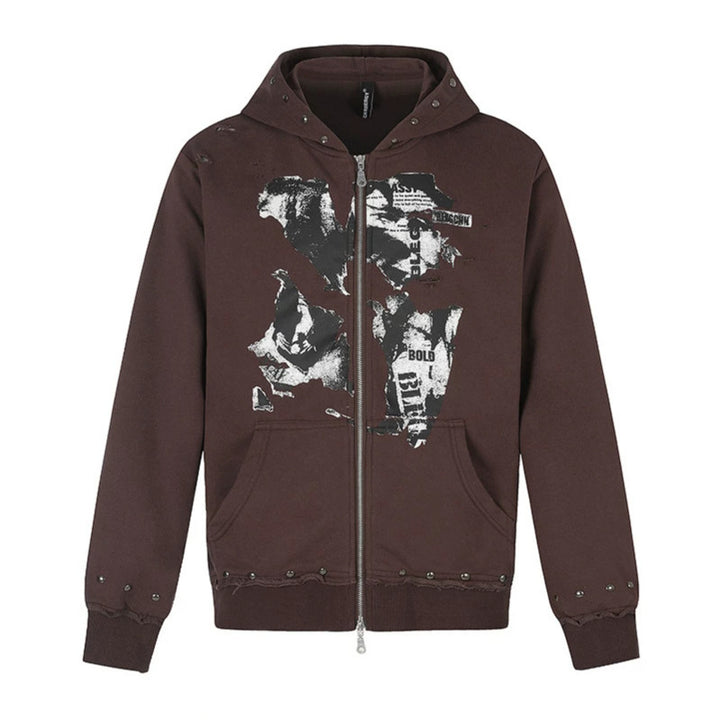 Women's hooded sweatshirt jacket with two-way zipper, frayed hem, stud detailing, and collage print Mune Fashion