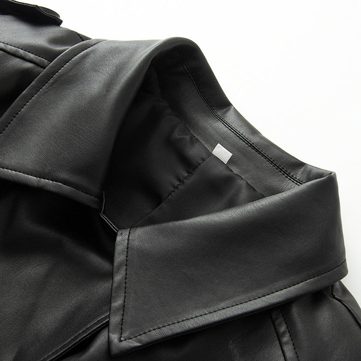 Ladies short-cut trench-style faux leather jacket with tie belt and shoulder patches Mune Fashion