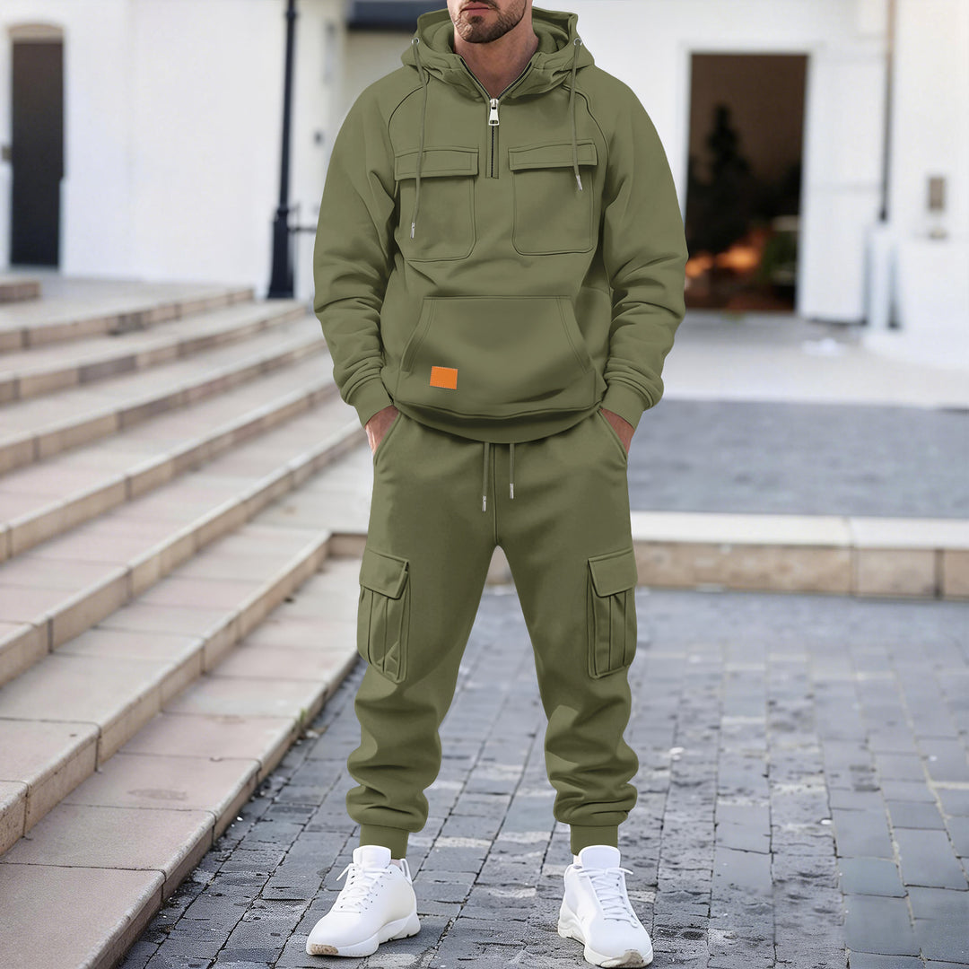 Men's oversized technical hoodie with half zip, hood, kangaroo pocket, and attached utility pockets Mune Fashion