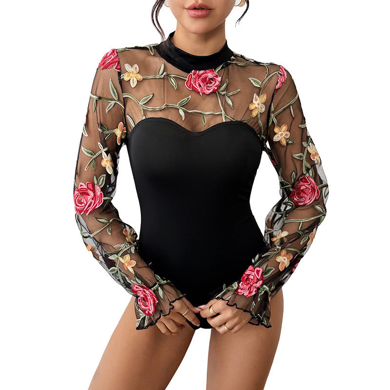 Women Transparent Mesh Bodysuit with Floral Embroidery, Heart Bustier Insert and Stand-Up Collar Mune Fashion