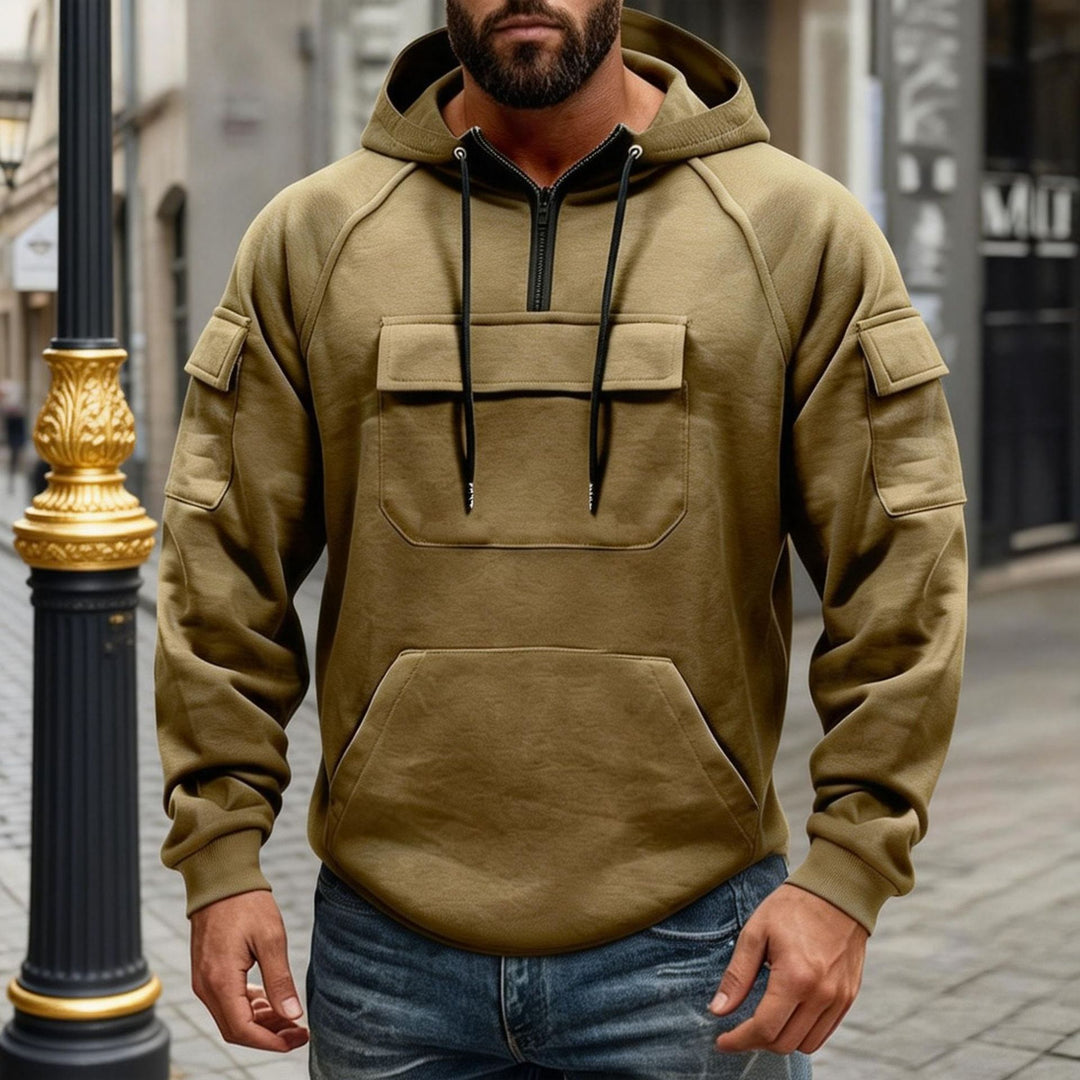 Men's functional hoodie with half front zipper, applied front pocket with flap and kangaroo pocket Mune Fashion