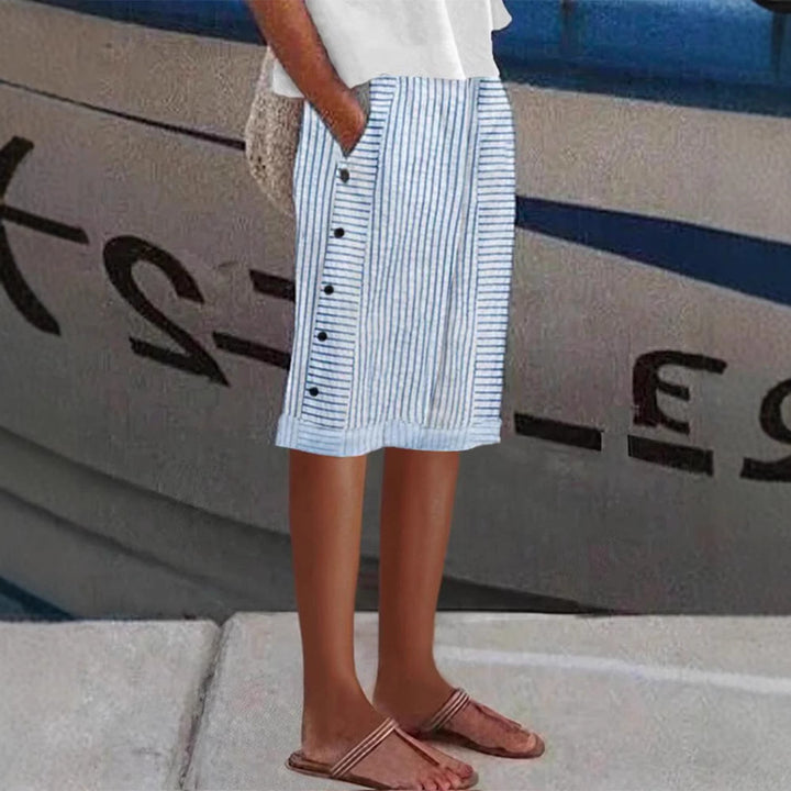 Women knee-length linen blend skirt with side button placket and side pockets Mune Fashion