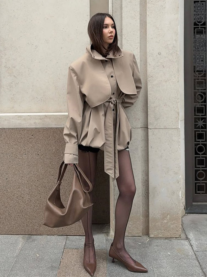 Women's Sculptural Boxy Blouson with High Stand-Up Collar and Gathered Volume Hem Mune Fashion