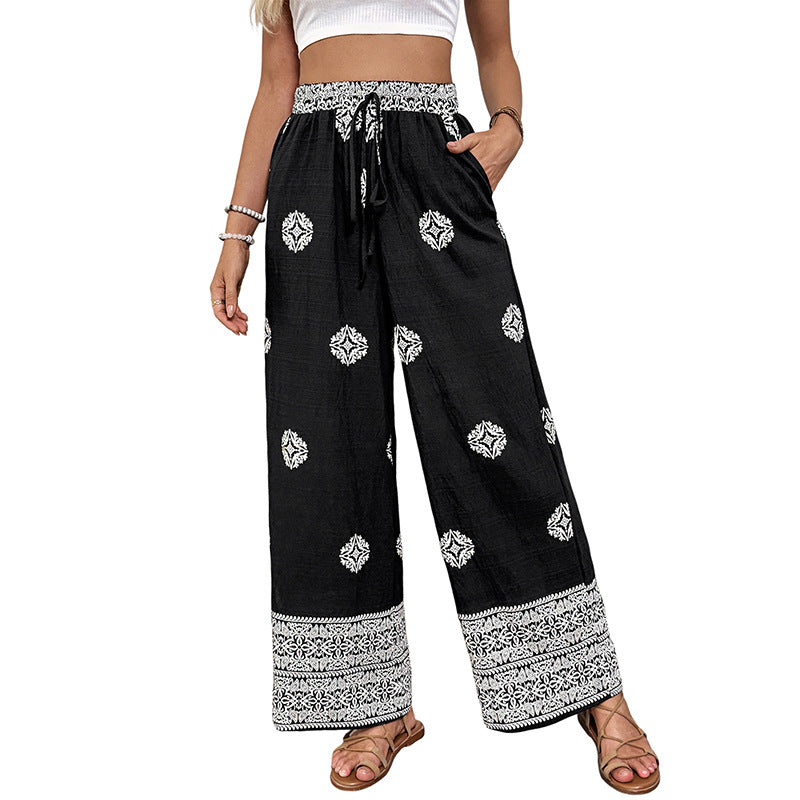 Women's Boho Print Palazzo Pants with Wide Leg, Elastic Drawstring Waistband and Side Pockets Mune Fashion
