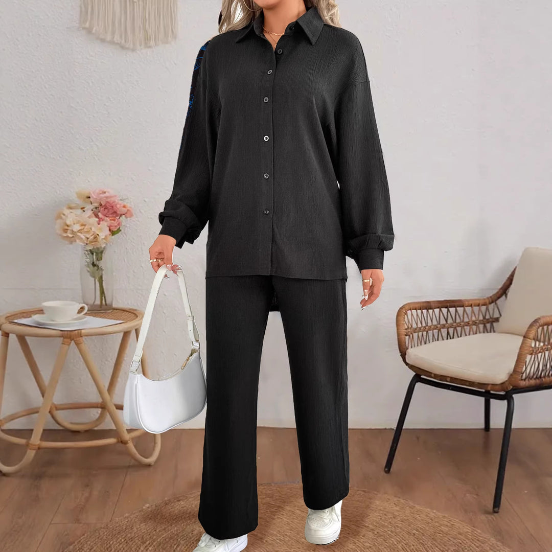 Women's Ribbed Oversized Shirt with Shirt Collar and Balloon Sleeves Drune