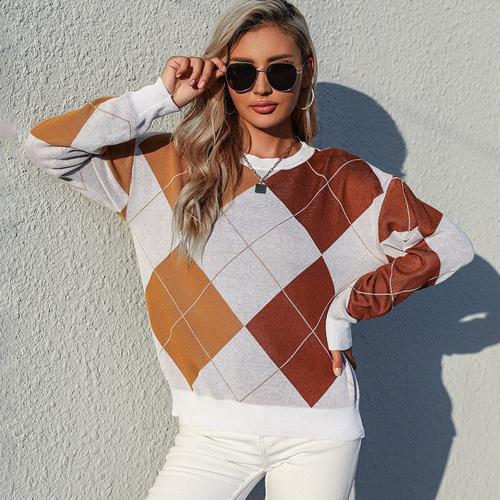 Women's Light Argyle Fine Knit Sweater with Round Neck and Loose Fit Mune Fashion