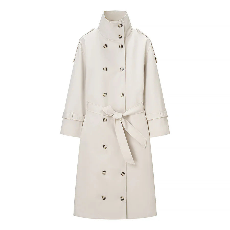 Women's long double-breasted trench coat with high stand collar and tie belt Mune Fashion