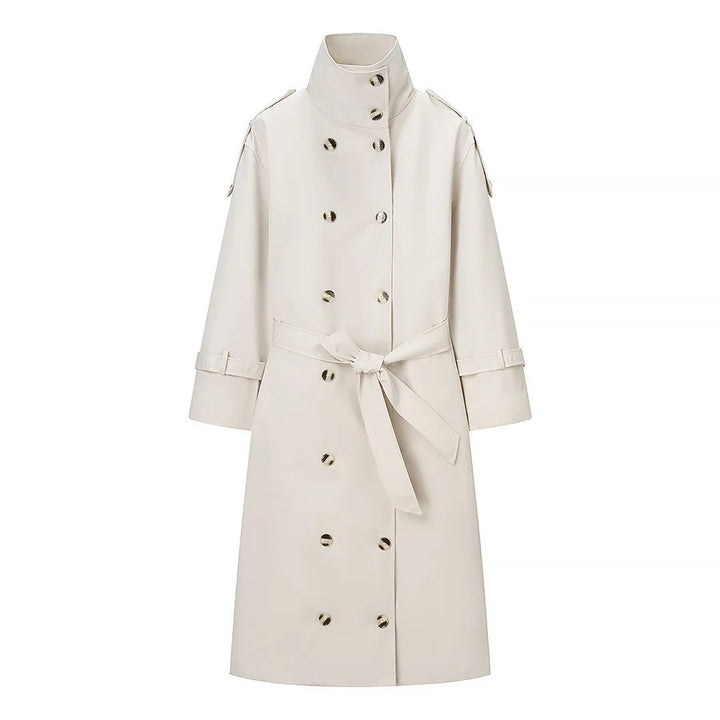 Women's long double-breasted trench coat with high stand collar and tie belt Mune Fashion