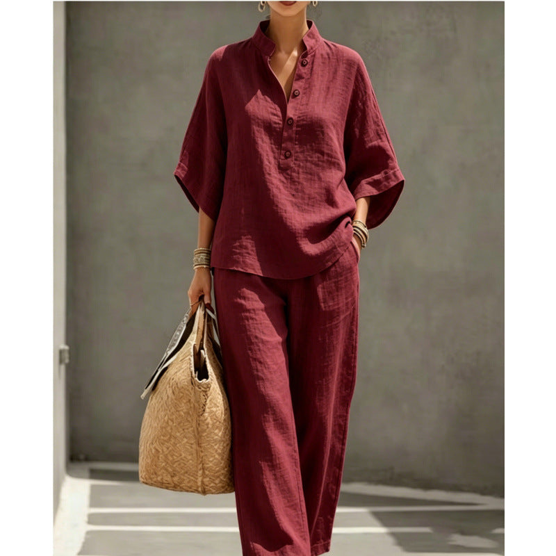 Women's loose linen two-piece with stand-up collar and wide leg Mune Fashion