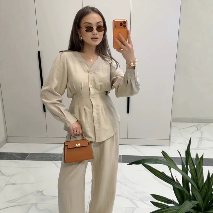 Women V-Neck Blouse and Culotte Set with Waist Pleats and Wide Legs Mune Fashion