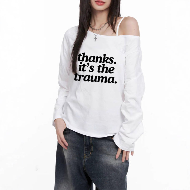 Women Off-Shoulder Long Sleeve Crop Shirt with Statement Print, Asymmetrical Neckline and Loose Oversized Cut Mune Fashion