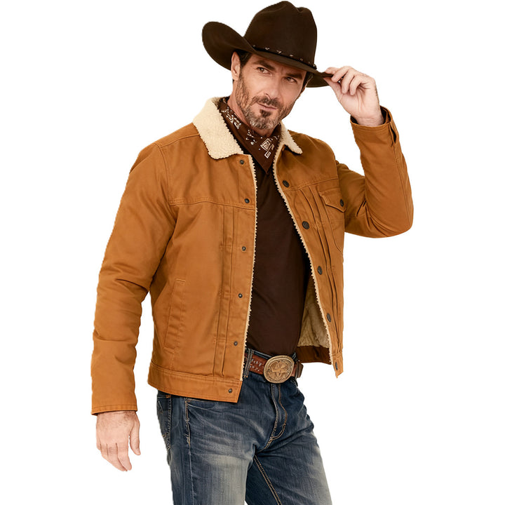 Men's Canvas Trucker Jacket with Teddy Lining and Cord Collar Mune Fashion