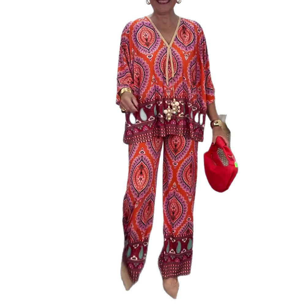 Ladies relaxed tunic and palazzo pants set with V-neck fringe band and wide leg Mune Fashion