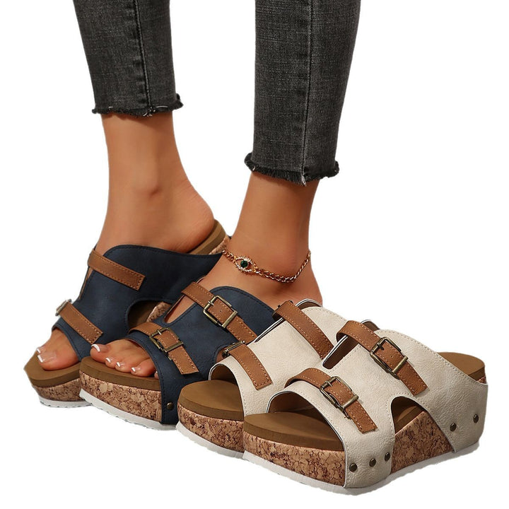 Ladies nan cork wedge sandals with two adjustable buckles, stud application and ergonomic footbed Mune Fashion
