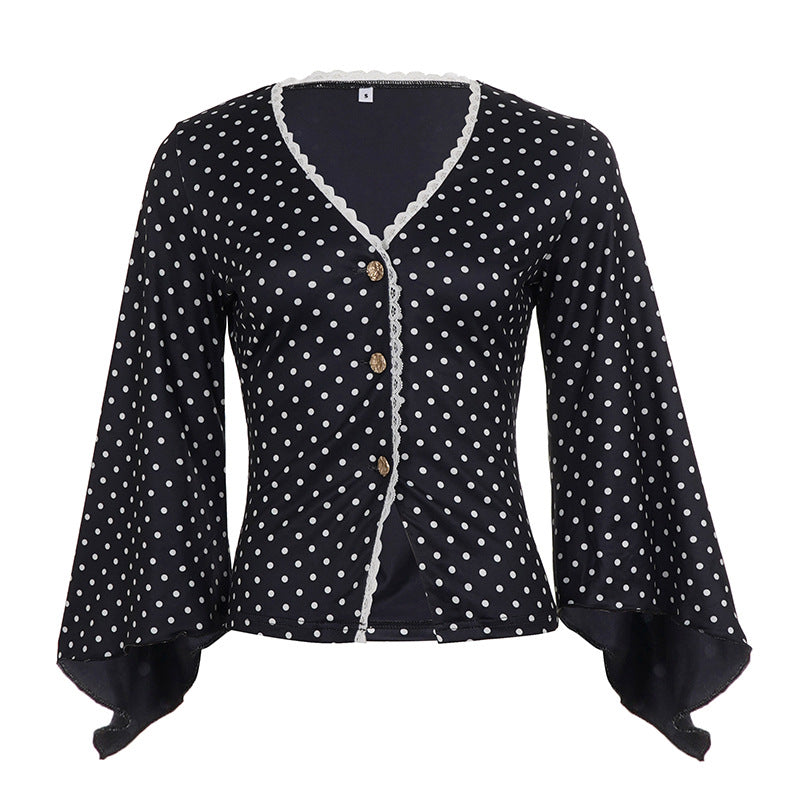 Ladies polka dot blouse with V-neck, lace trim and flared ruffle sleeves Mune Fashion
