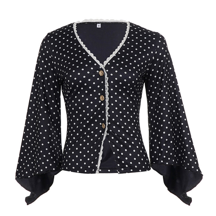 Ladies polka dot blouse with V-neck, lace trim and flared ruffle sleeves Mune Fashion