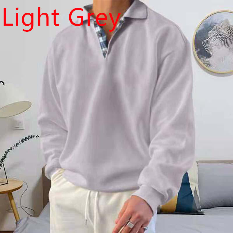 Men's casual long sleeve polo with open V-neck, shirt collar, and check inside placket Mune Fashion