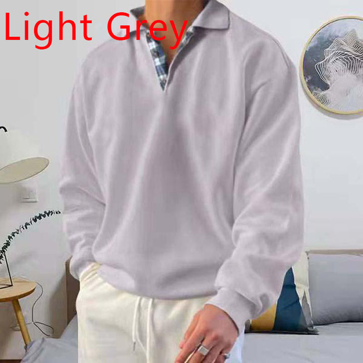 Men's casual long sleeve polo with open V-neck, shirt collar, and check inside placket Mune Fashion