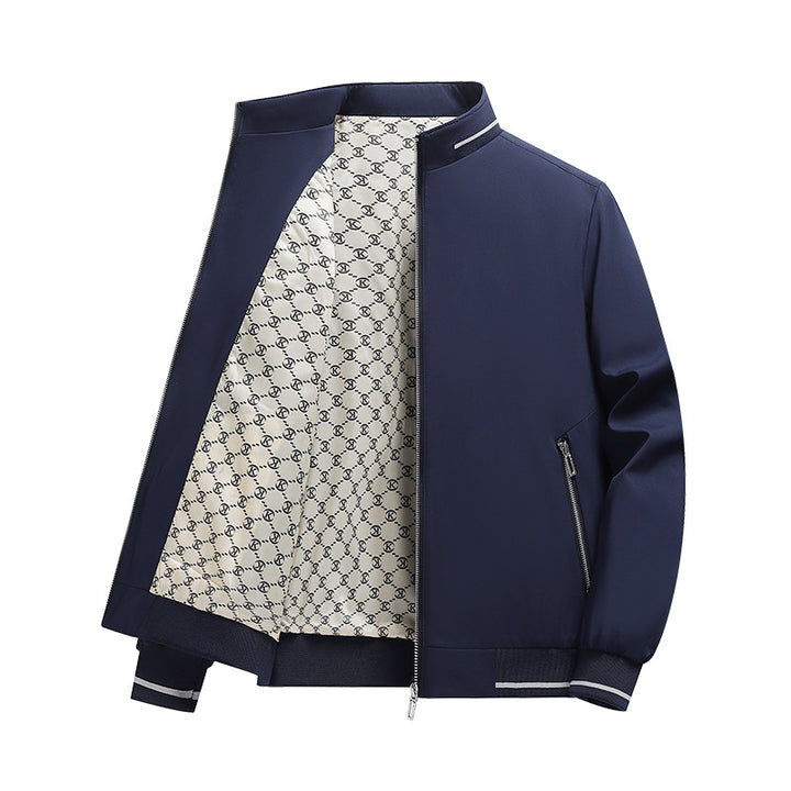 Men's Lightweight Bomber Jacket with Stand Collar, Zipper & Patterned Satin Lining Mune Fashion