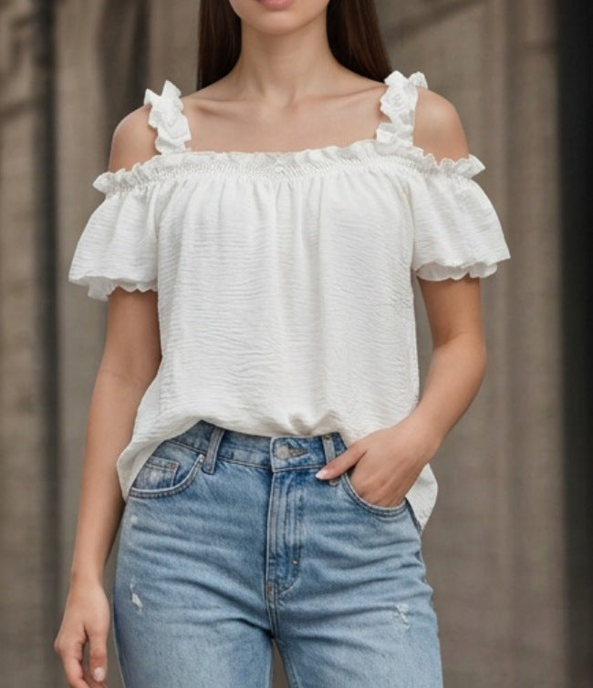 Women's Off-Shoulder Crinkle Top with Smocked Bandeau, Ruffled Straps and Wing Sleeves Mune Fashion