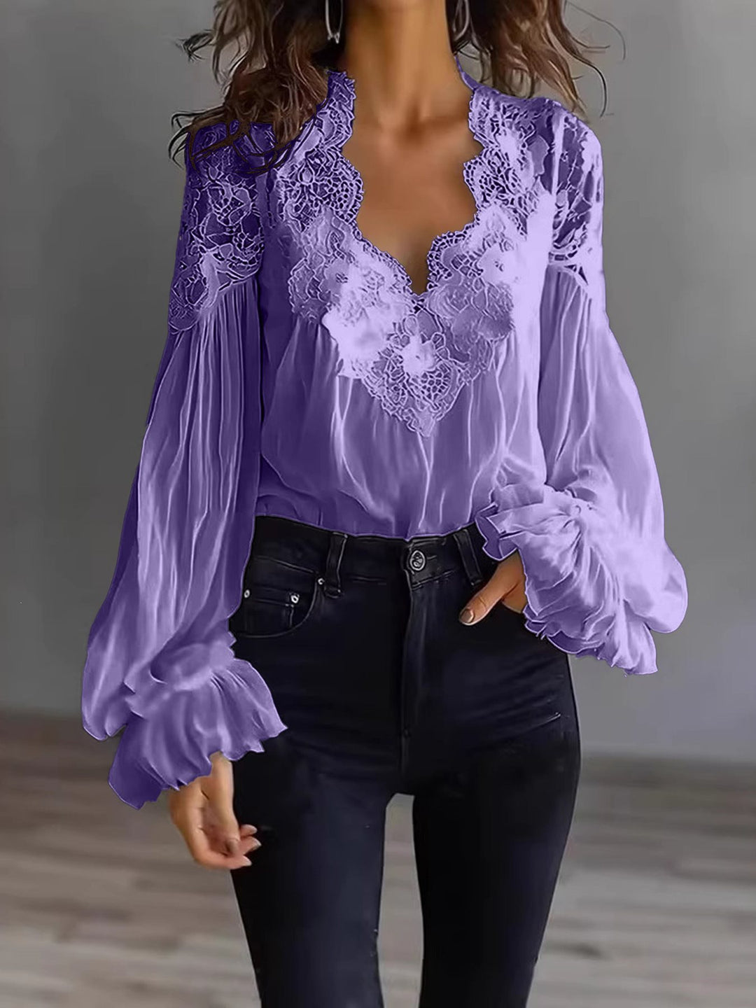 Women's Chiffon Blouse with Lace V-Neck and Wide Pleated Sleeves Mune Fashion