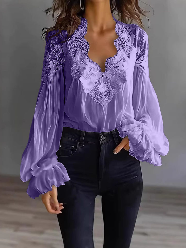 Women's Chiffon Blouse with Lace V-Neck and Wide Pleated Sleeves Mune Fashion