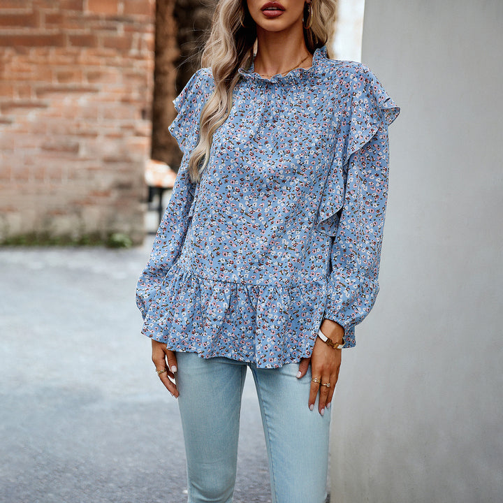 Women’s floral chiffon blouse with gathered standing collar, ruffle shoulders, and fitted layered hem Mune Fashion
