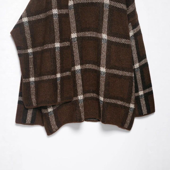 Women Oversized Cape Cardigan with Hood, Patch Pockets and Check Pattern Mune Fashion