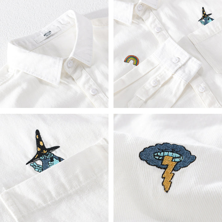 Men's Embroidered Lightweight Cotton Overshirt with Chest Pocket and Subtle Patch Embroidery Mune Fashion