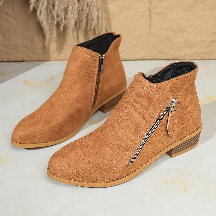 Women's Modern Ankle Boot with Visible Metal Zipper and Low Wood-Look Block Heel Mune Fashion