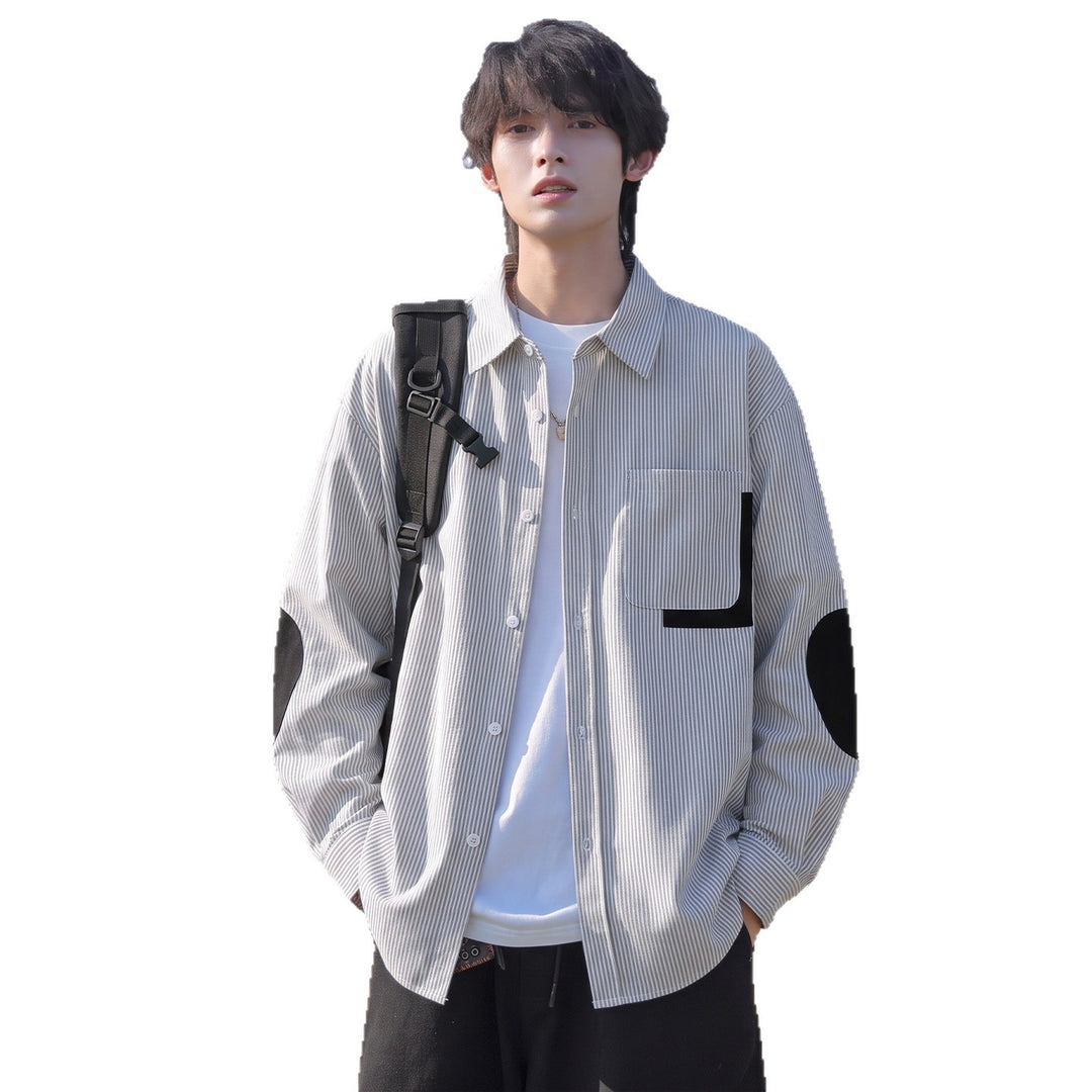 Men's oversized shirt with fine pinstripe, contrast pocket, and elbow patches Mune Fashion