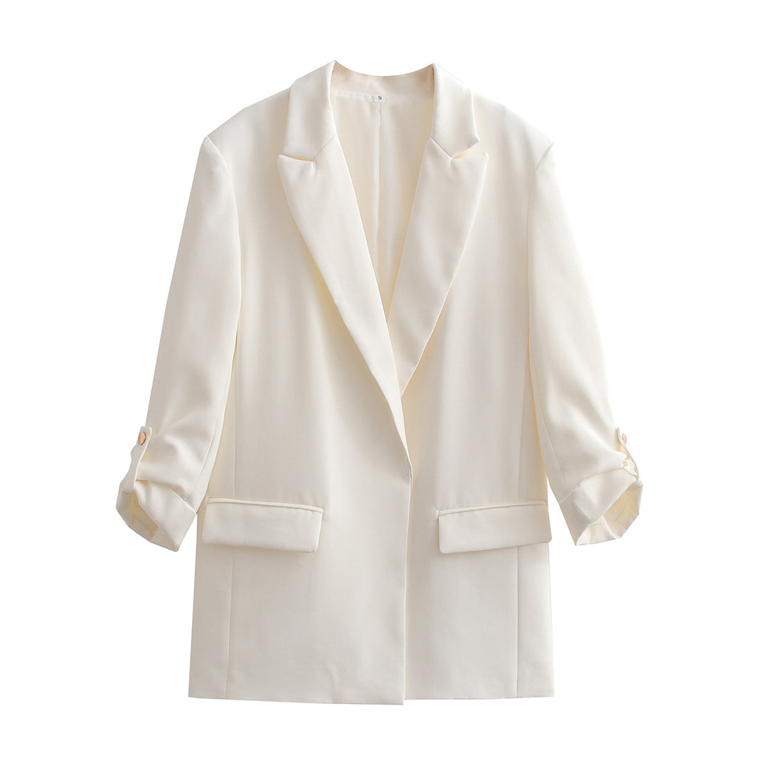 Women Oversize Longline Blazer with Three-Quarter Sleeves and Lapel Collar Mune Fashion