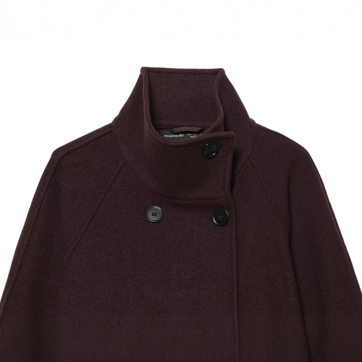 Women Short Cut Double-Breasted Wool Cape Coat with Stand-Up Collar and Belt Drune