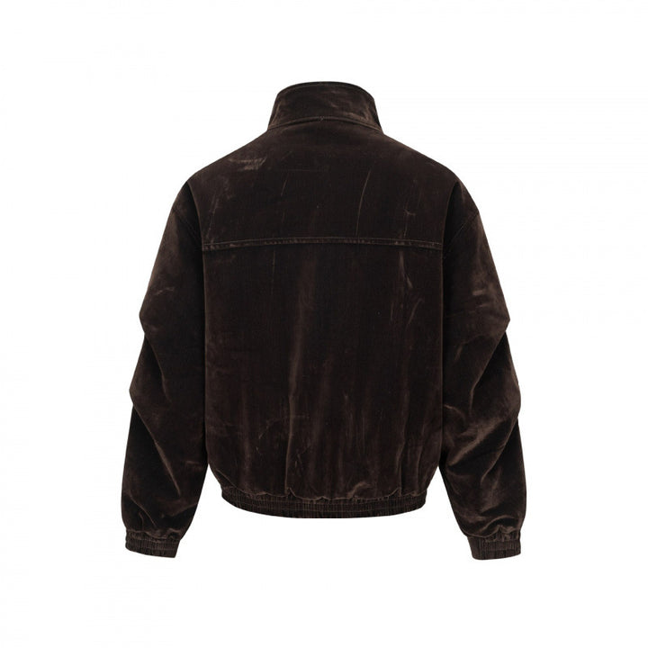 Men's velvet bomber jacket with stand collar, concealed snap button placket, and elastic hem Mune Fashion