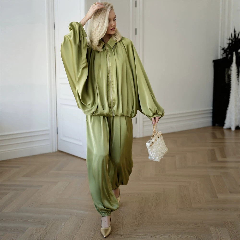 Women Elegant Satin Two-Piece Set with Oversize Blouse and Wide Palazzo Pants Mune Fashion