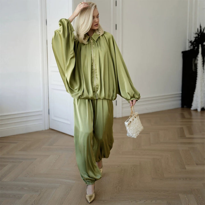 Women Elegant Satin Two-Piece Set with Oversize Blouse and Wide Palazzo Pants Mune Fashion