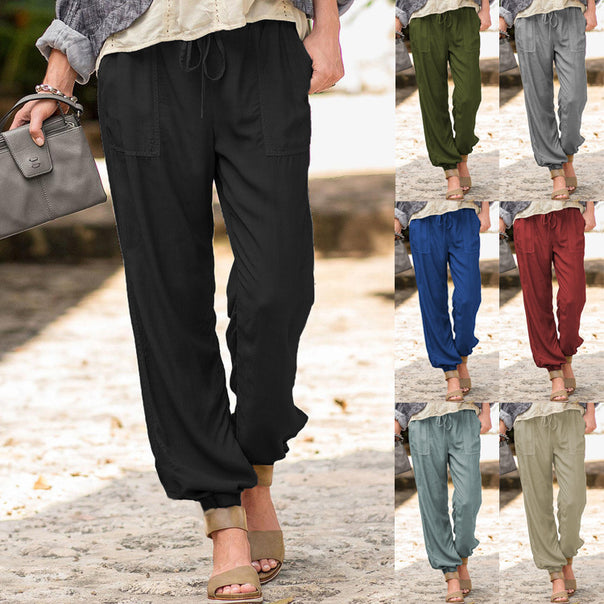 Women casual linen look jogging pants with drawstring, patch pockets and elastic cuffs Mune Fashion