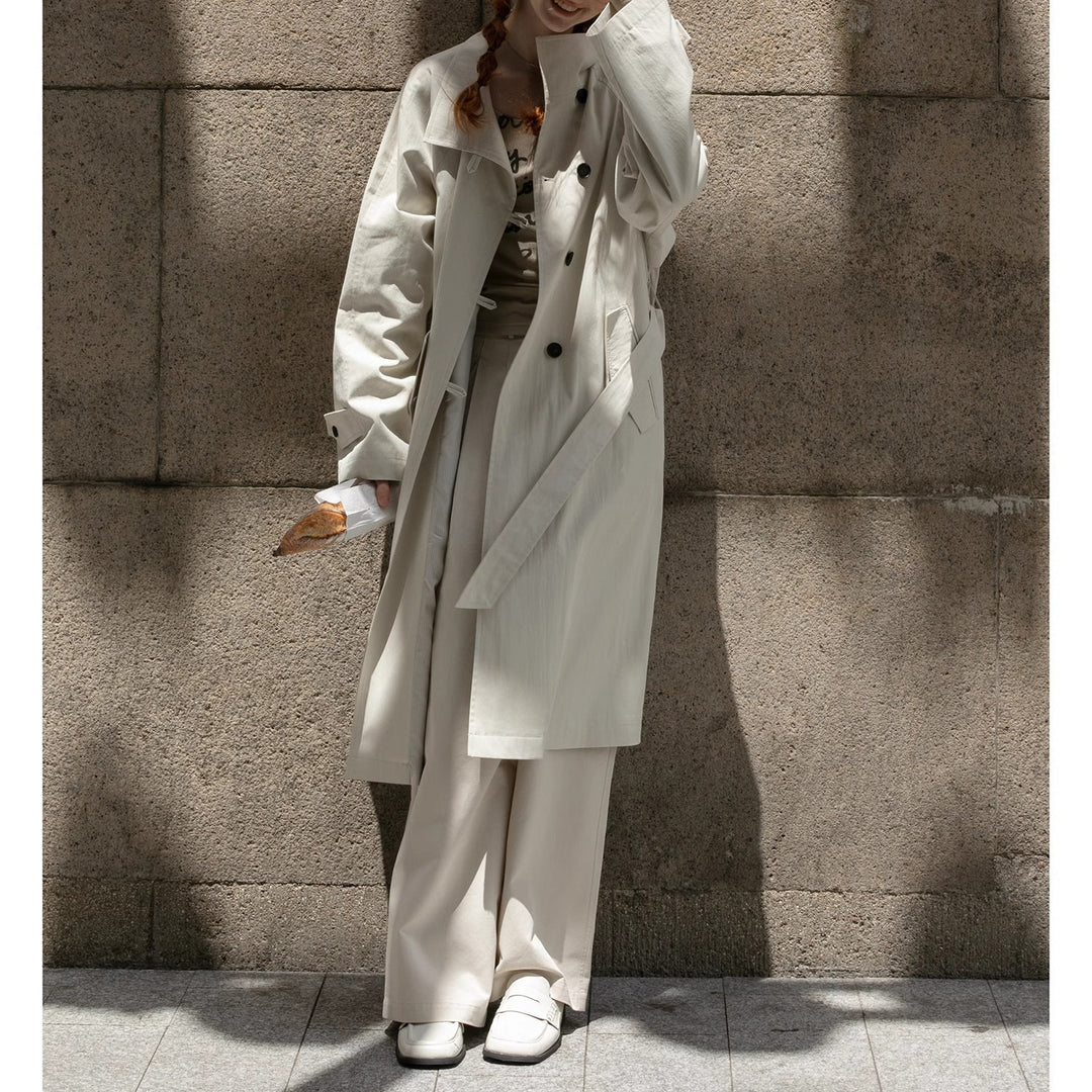 Women Lightweight Oversize Trench Coat with High Stand Collar, Adjustable Cuffs & Tied Belt Mune Fashion