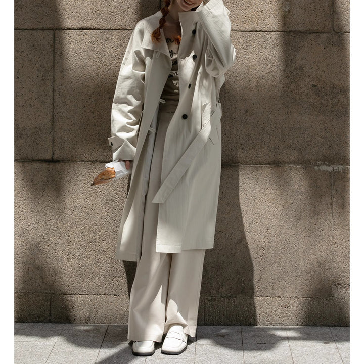 Women Lightweight Oversize Trench Coat with High Stand Collar, Adjustable Cuffs & Tied Belt Mune Fashion