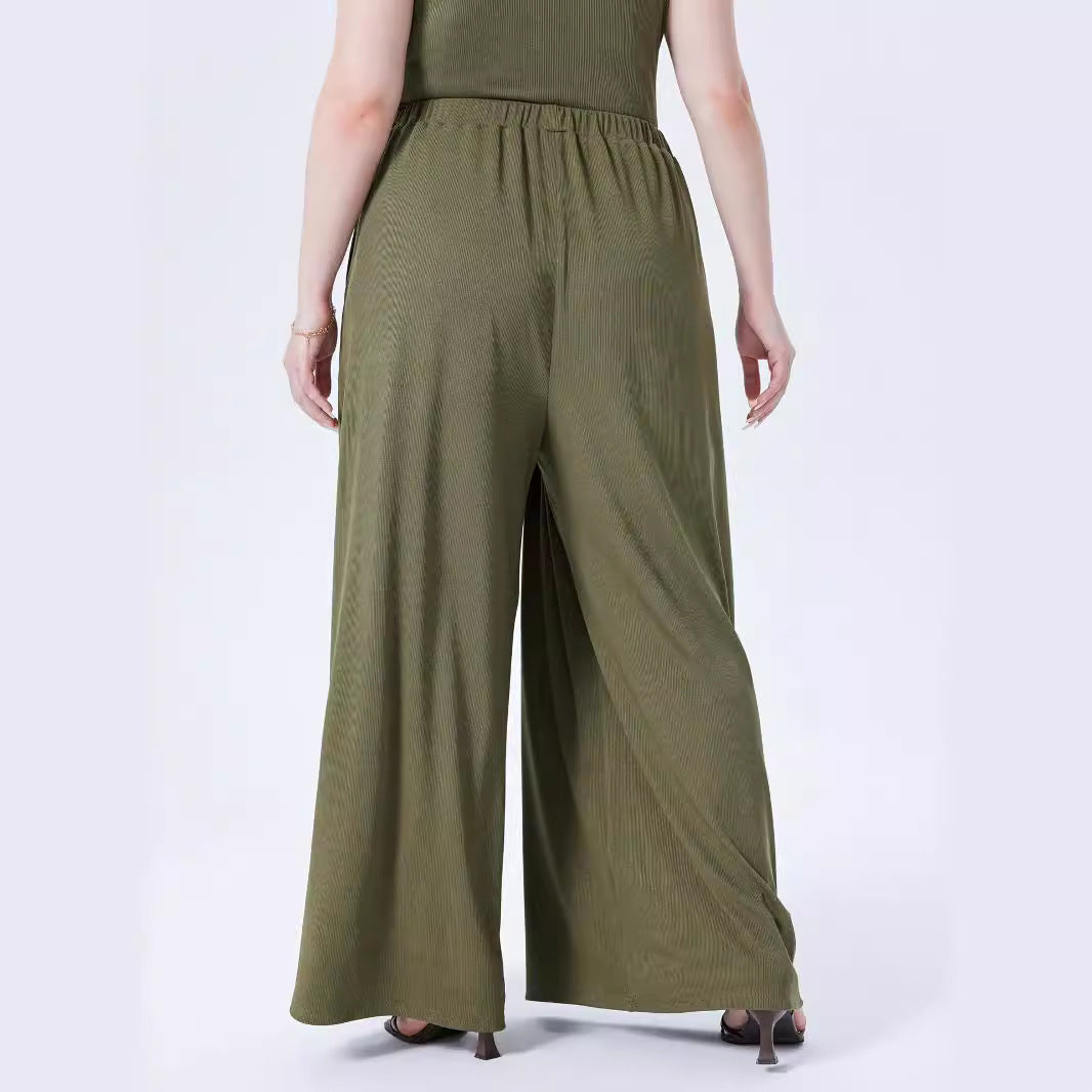 Ladies Wide Fine Knit Palazzo Trousers with High Elastic Waistband and Pleated Drop Mune Fashion