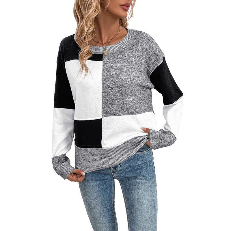 Women's block pattern knitted sweater with round neck and relaxed fit Mune Fashion