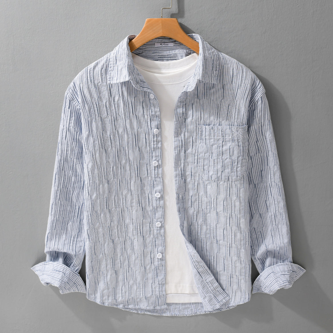 Men Striped Linen Relaxed Shirt with Chest Pocket and Button Placket Mune Fashion